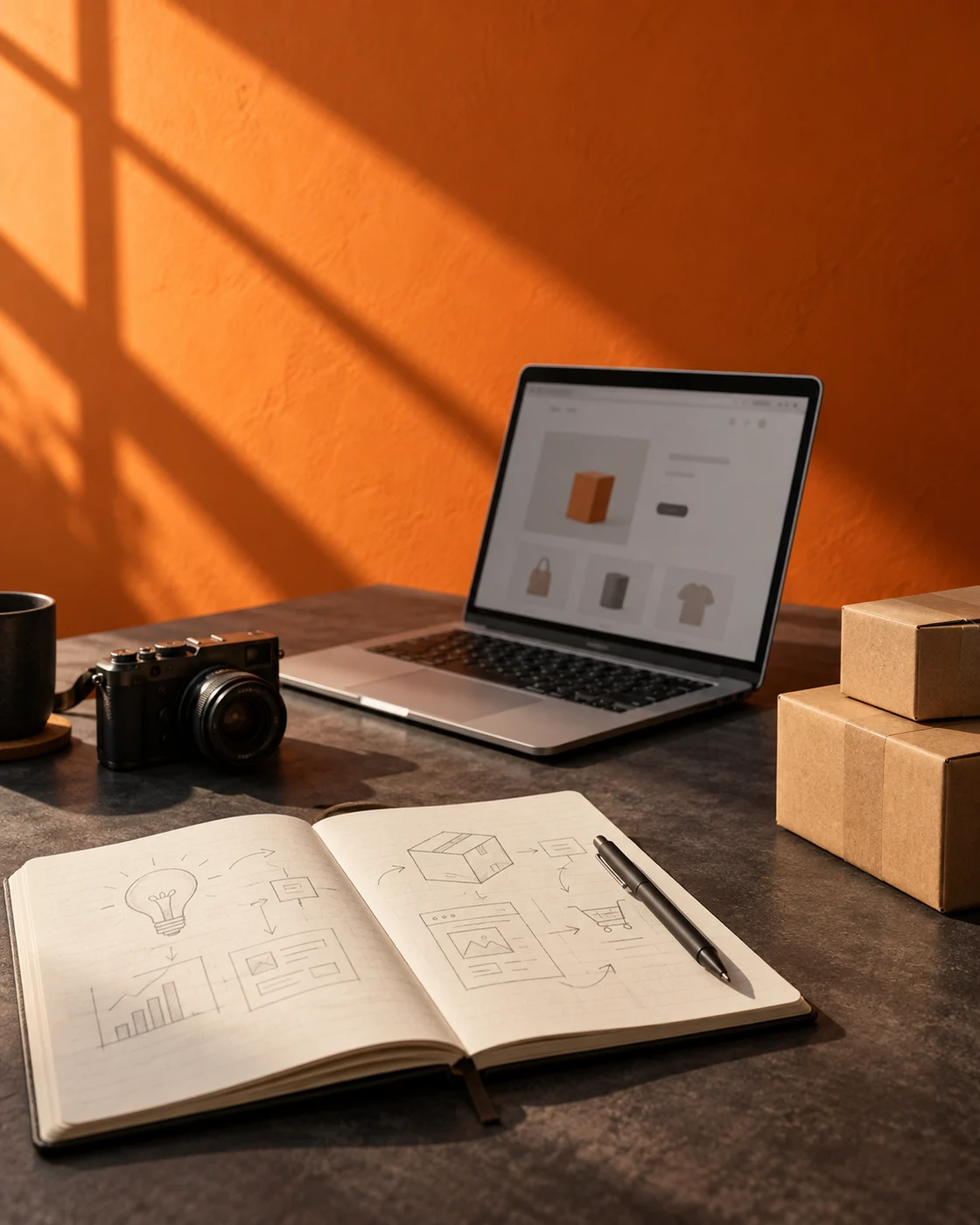 An illustrative workspace with a notebook of ideas, a camera, a laptop and packaged products, connecting learning with building a business.
