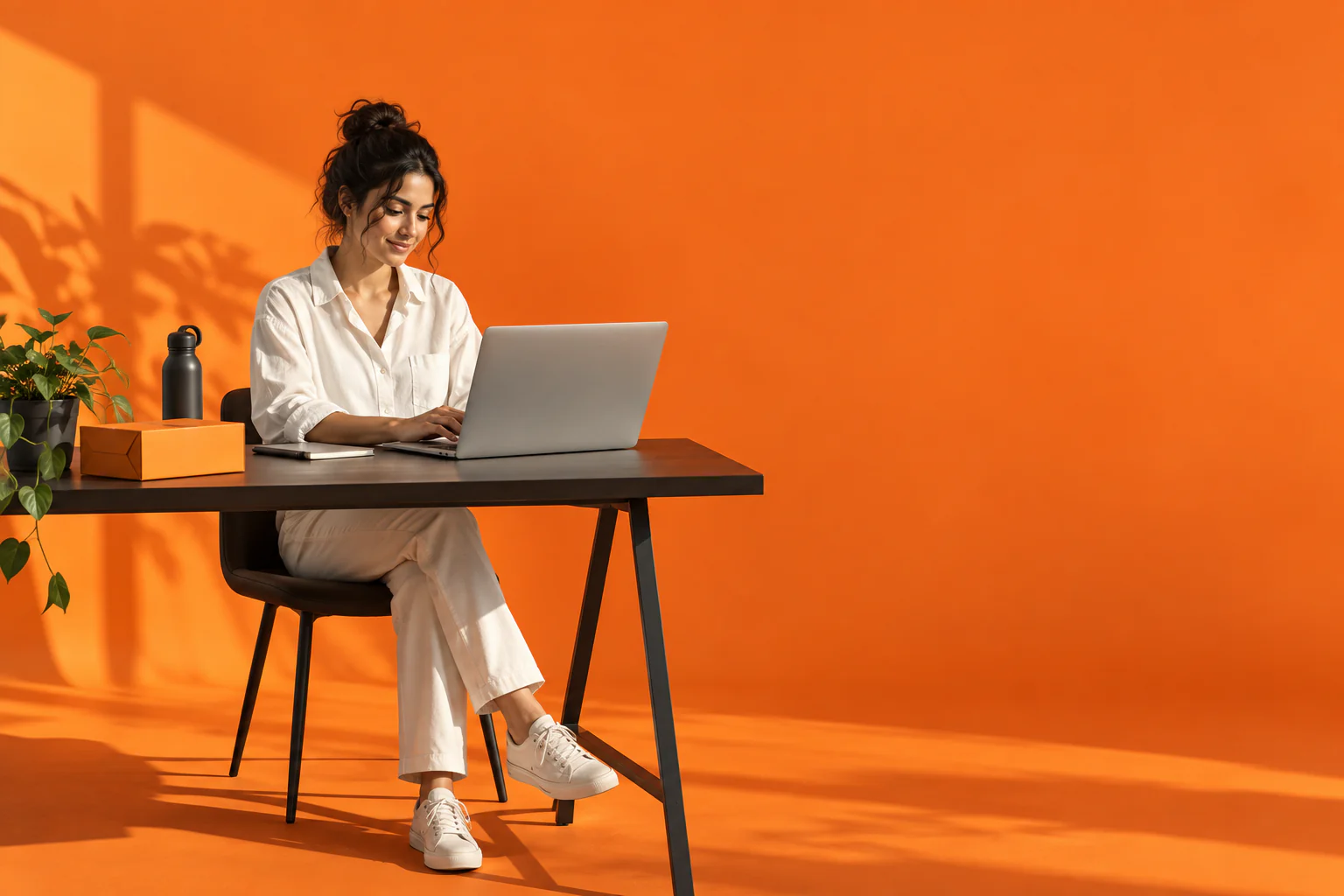 An illustration of a business owner working on her laptop