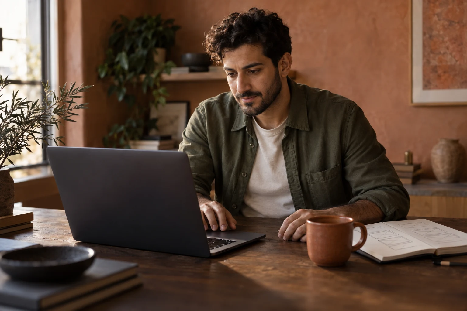 An independent founder planning an app and working on a laptop beside a notebook of interface sketches