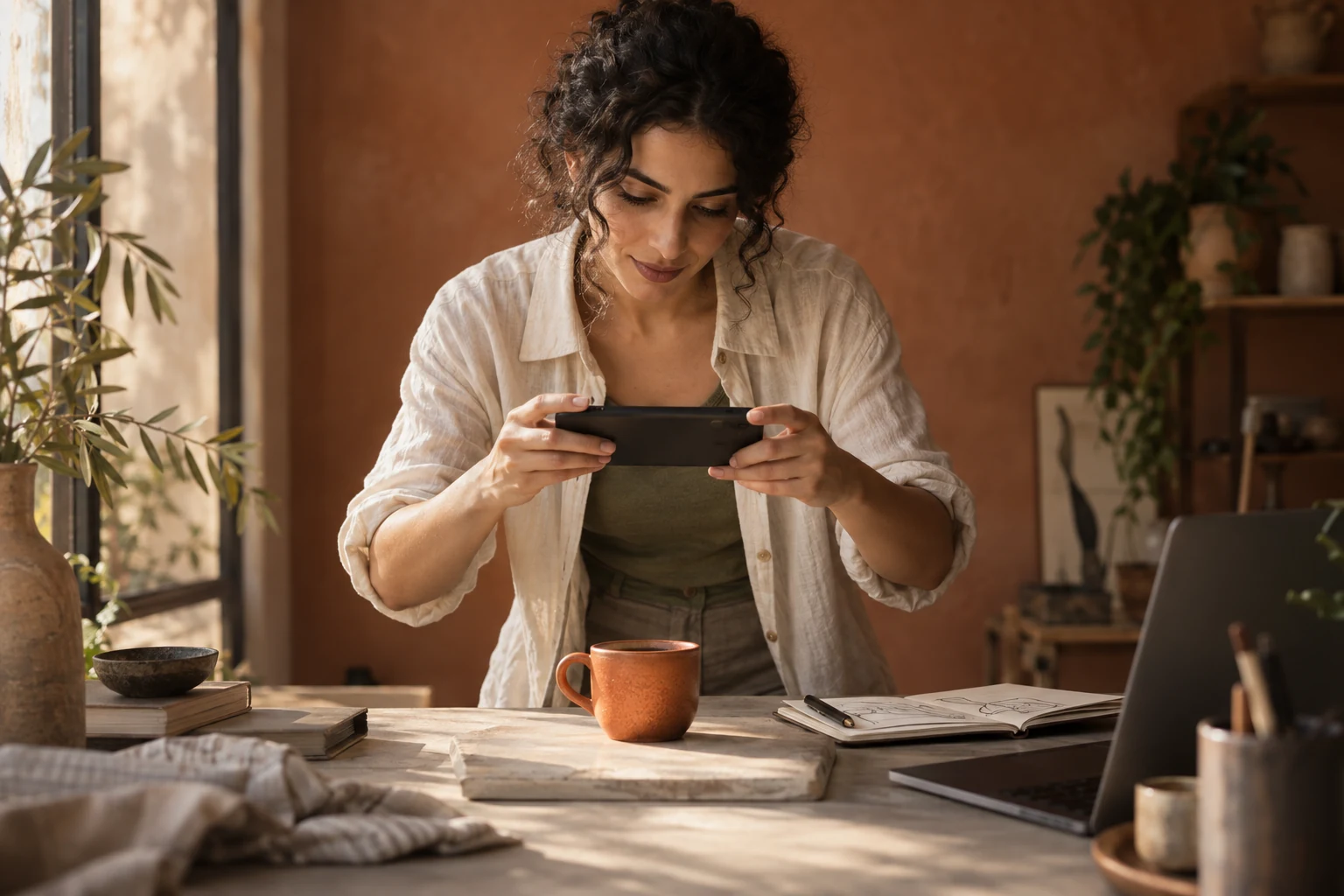 A content creator photographing a coffee cup with her phone beside a studio window
