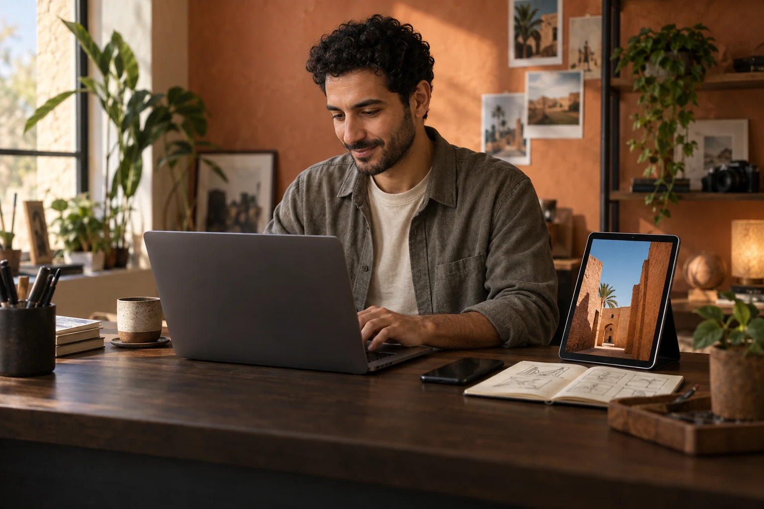 A digital creator working on a photography e-book with a laptop and tablet at his desk