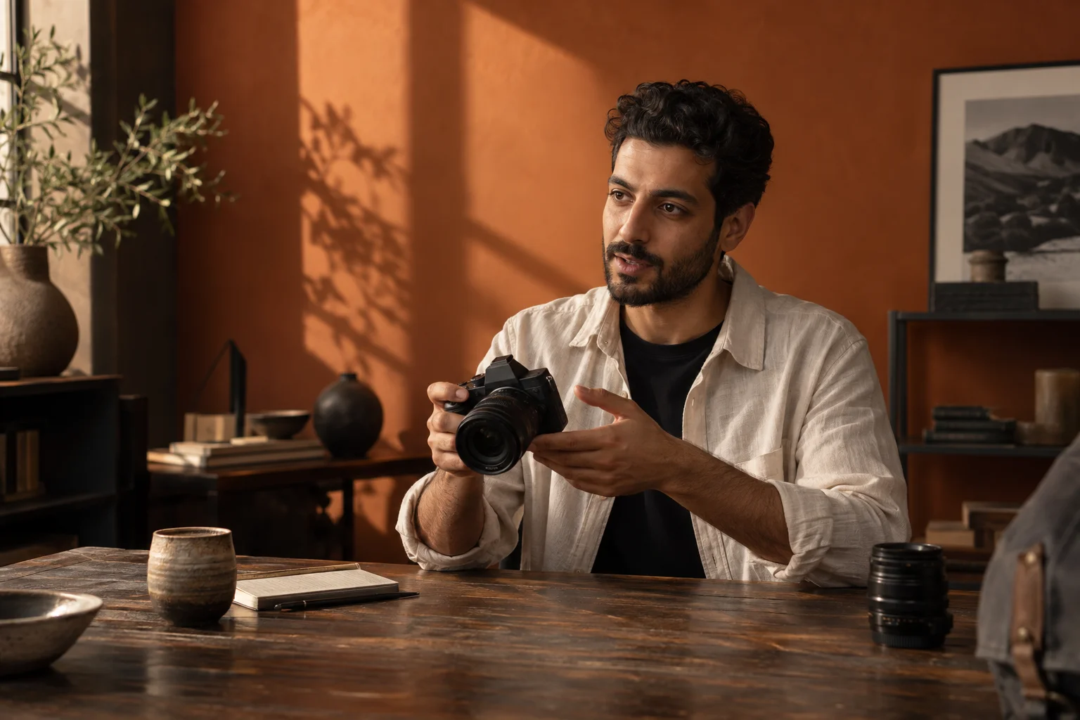 A photography educator demonstrating a camera in a warmly lit studio