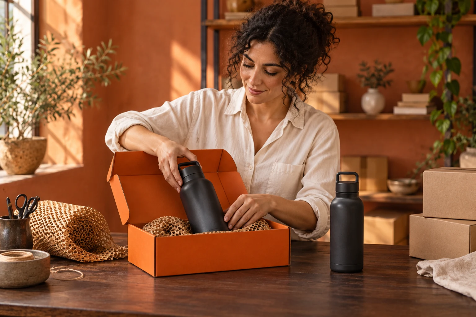 A store owner packing an insulated bottle in an orange shipping box in her studio